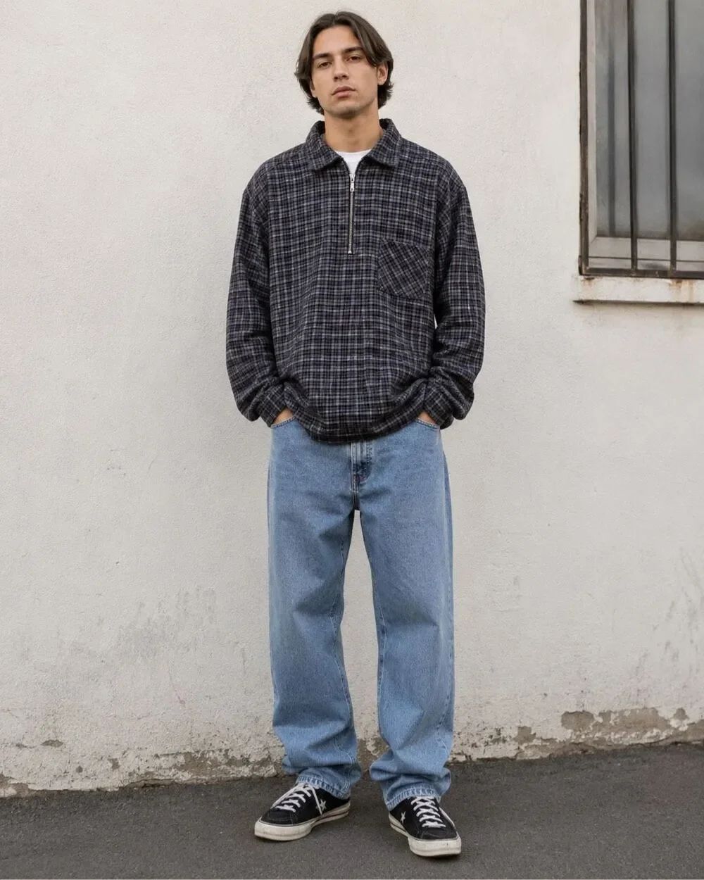 Vintage Levi’s Strauss Plaid Quarter Zip Pullover Shirt Blue Cotton Grunge Mediu